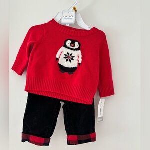 3for $15😍 Carter's Red Penguin Knit Sweater with Black Corduroy Pants